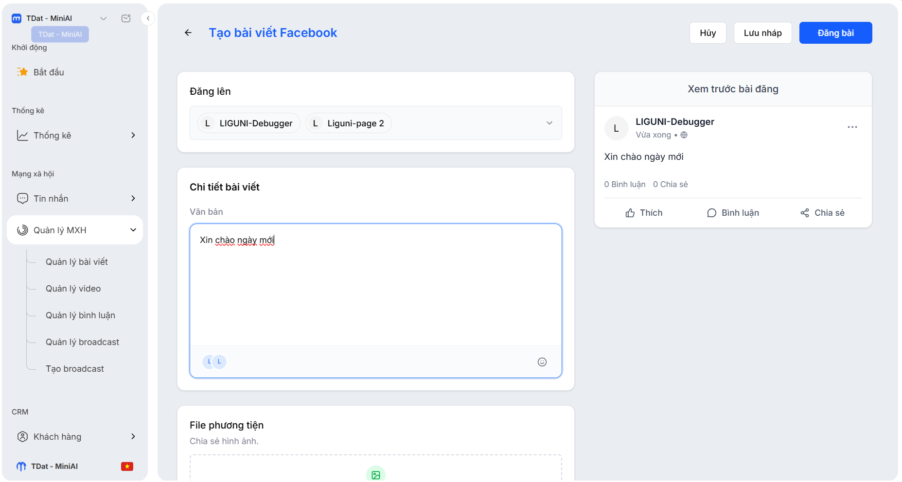 Form soạn bài viết Facebook với nội dung, cảm xúc, file phương tiện và khung xem trước