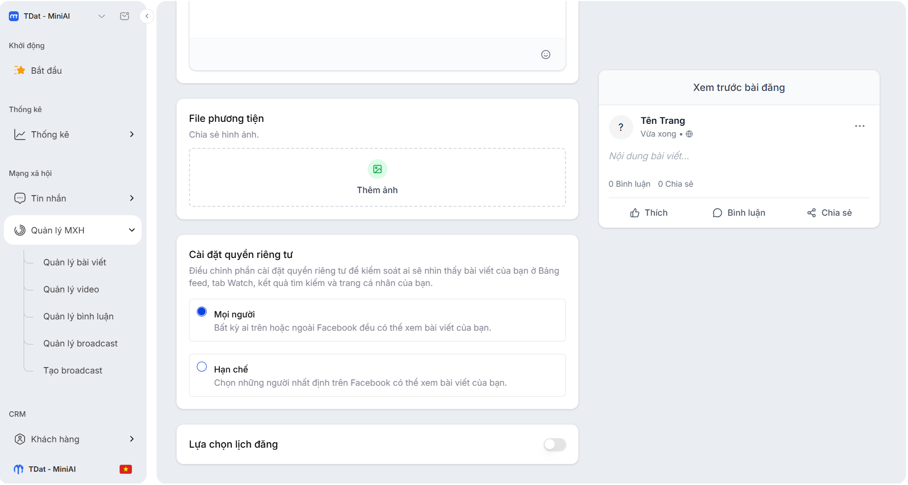 Hộp thoại cài đặt quyền riêng tư và tuỳ chỉnh đối tượng cho bài viết Facebook