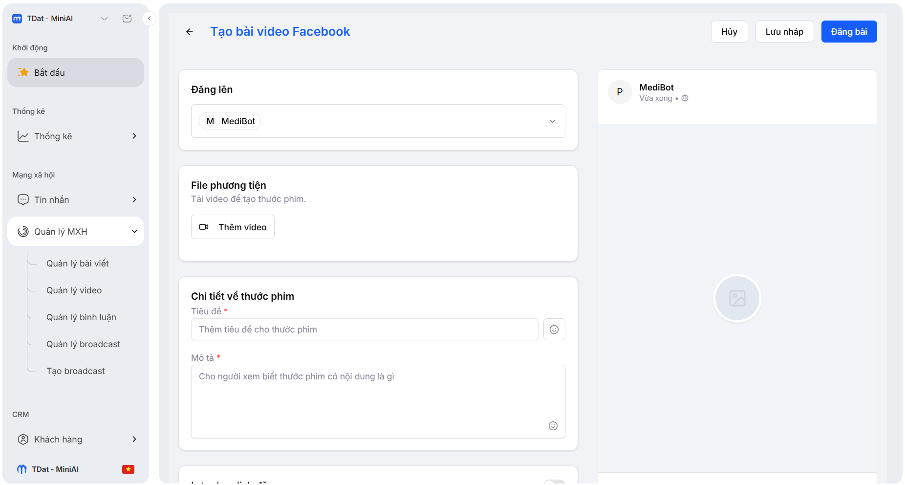 Form tạo thước phim Facebook với video, tiêu đề, mô tả và khung xem trước