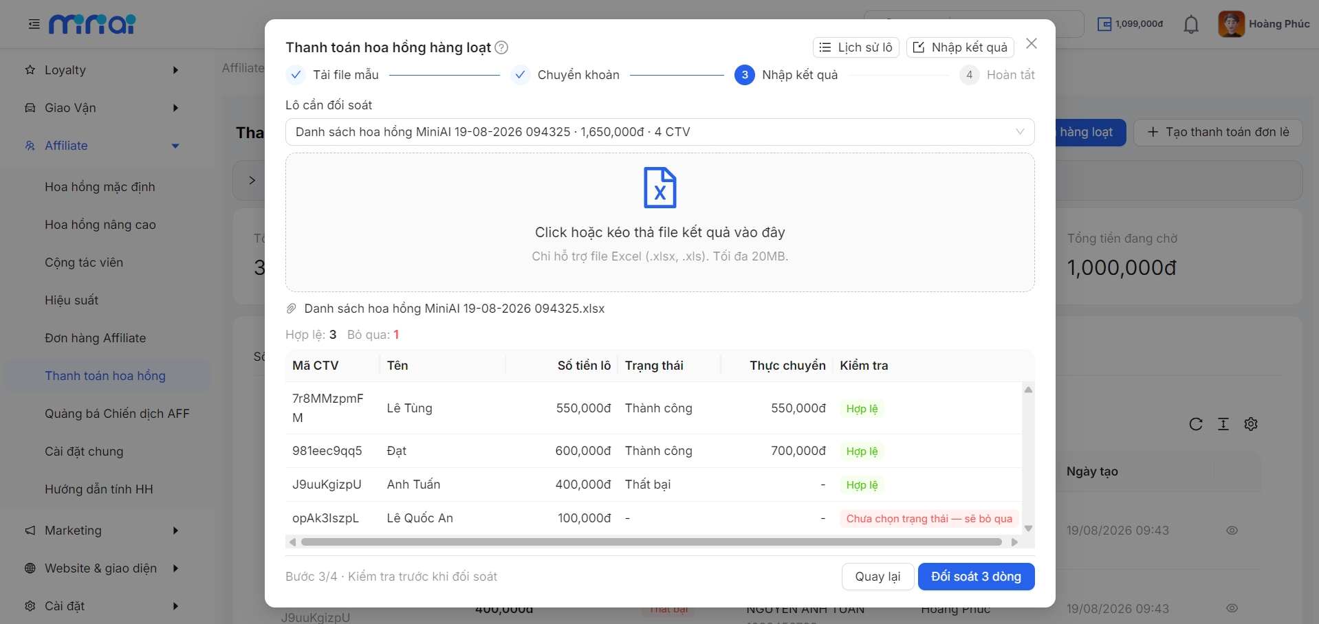 Bước upload file kết quả và kiểm tra từng dòng