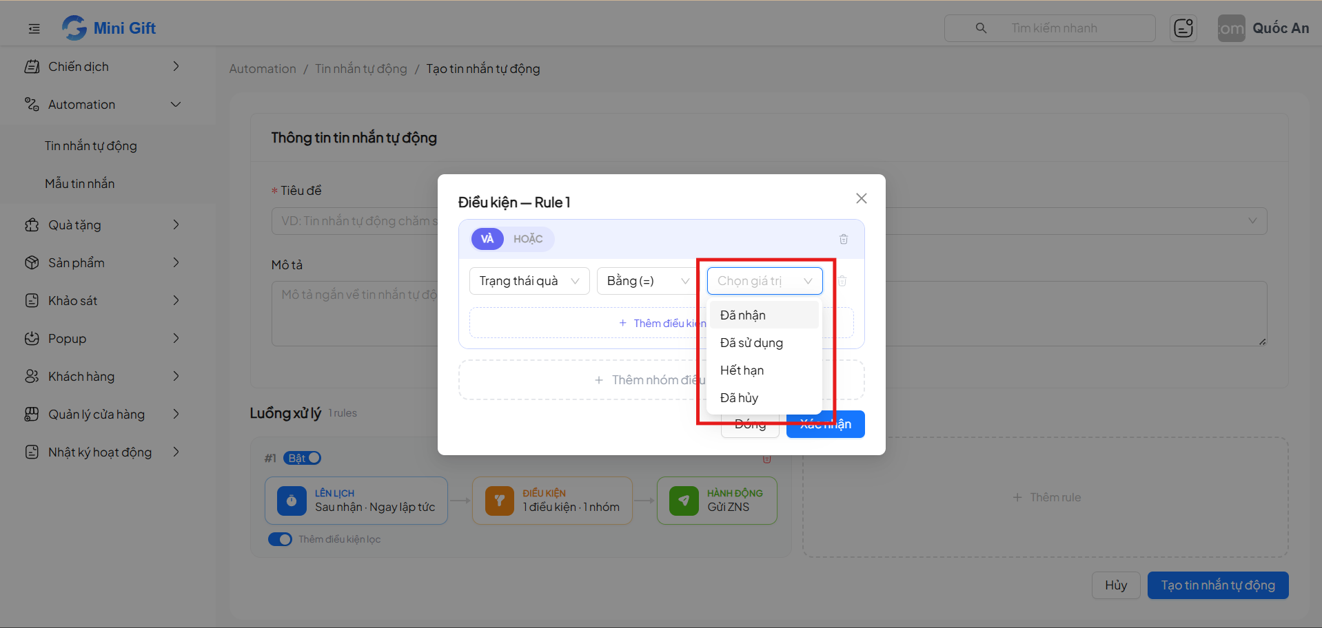 Modal điều kiện lọc với logic VÀ/HOẶC, chọn trường Trạng thái quà, toán tử Bằng, và giá trị Đã nhận/Đã sử dụng/Hết hạn/Đã huỷ
