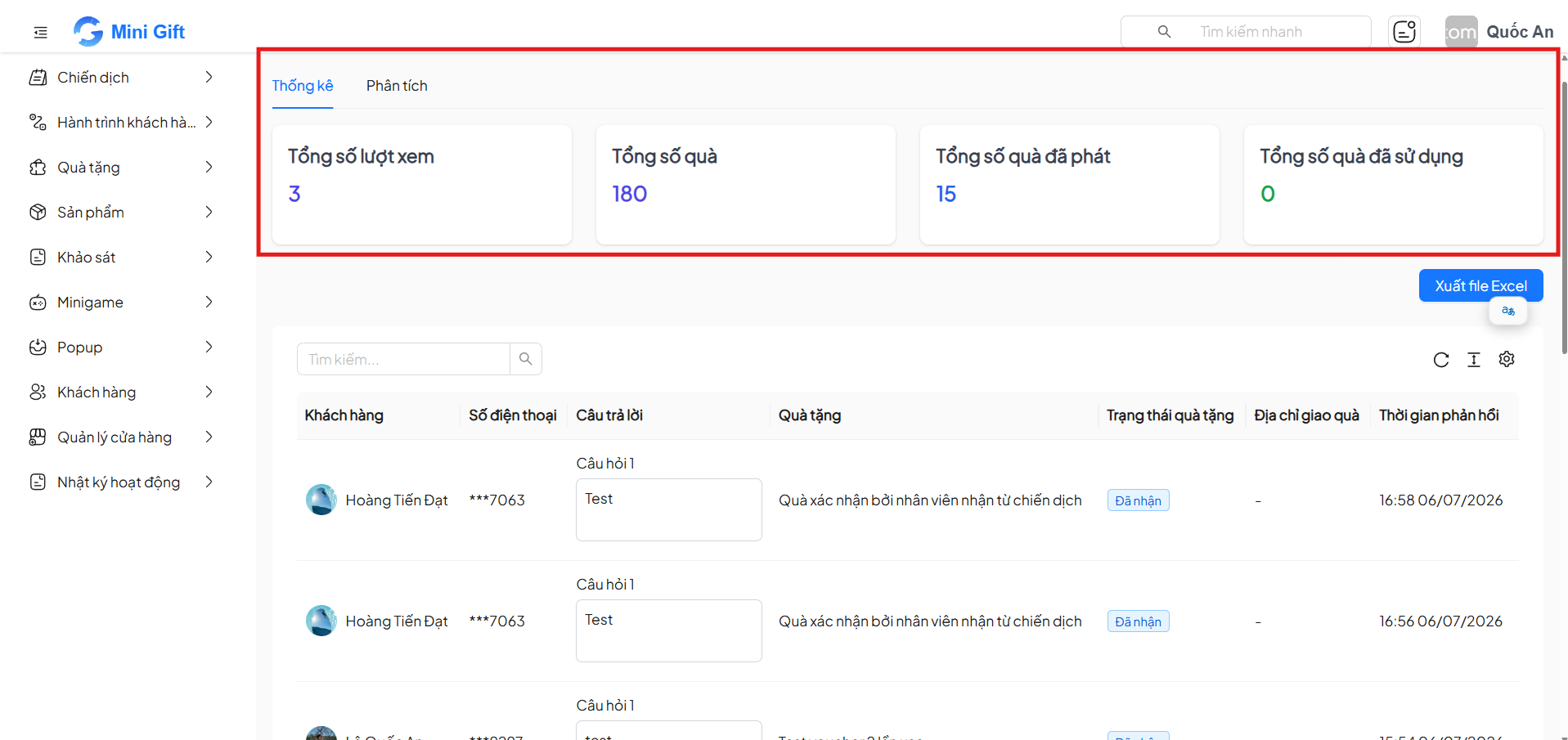 Tổng quan số liệu thống kê chiến dịch khảo sát có quà