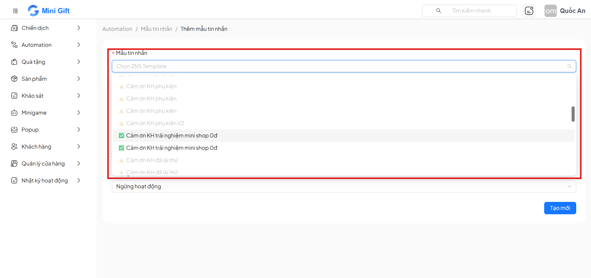 Dropdown chọn ZNS Template với danh sách template từ c ác shop Ecom