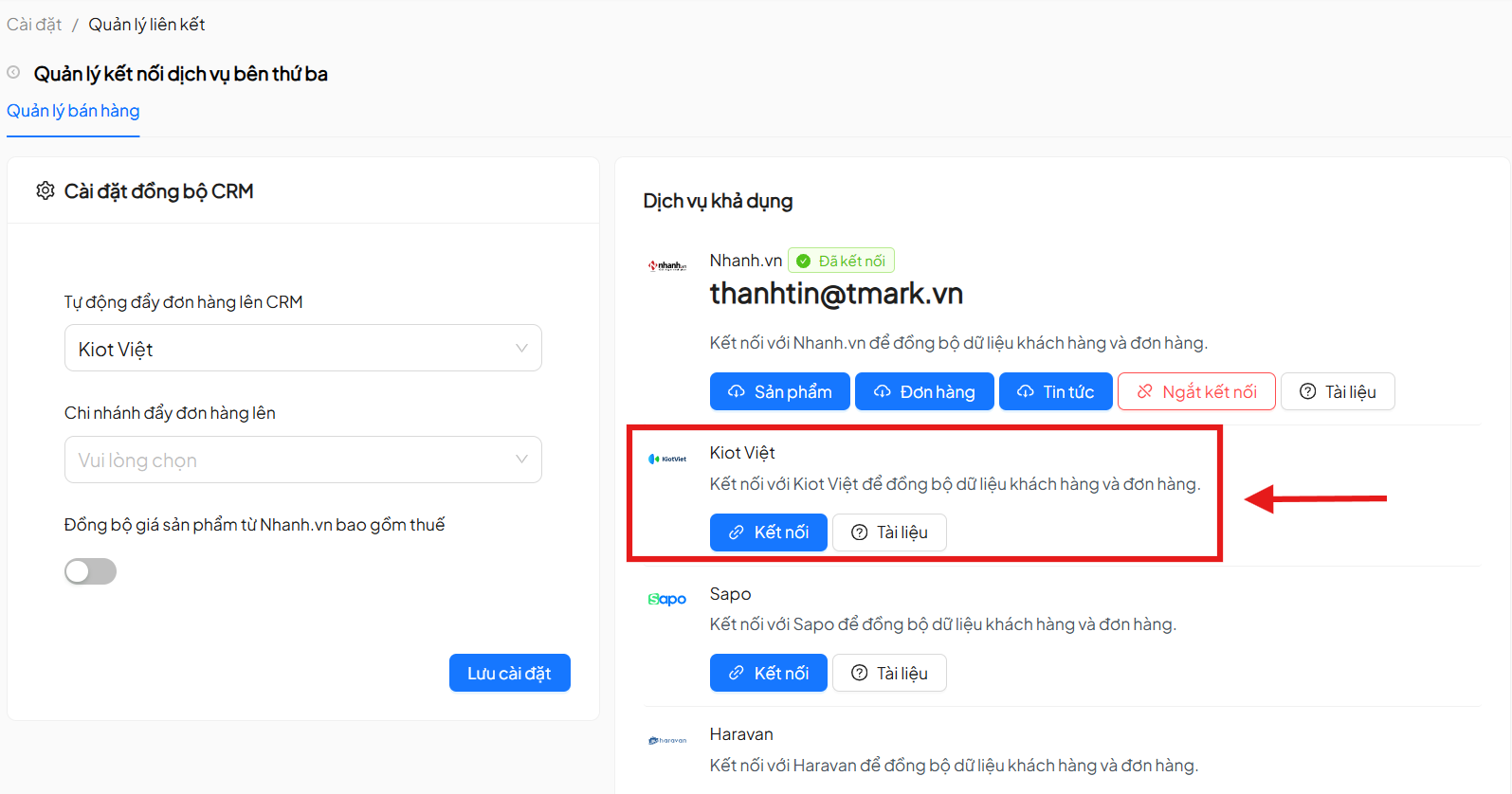 Select KiotViet Available Service