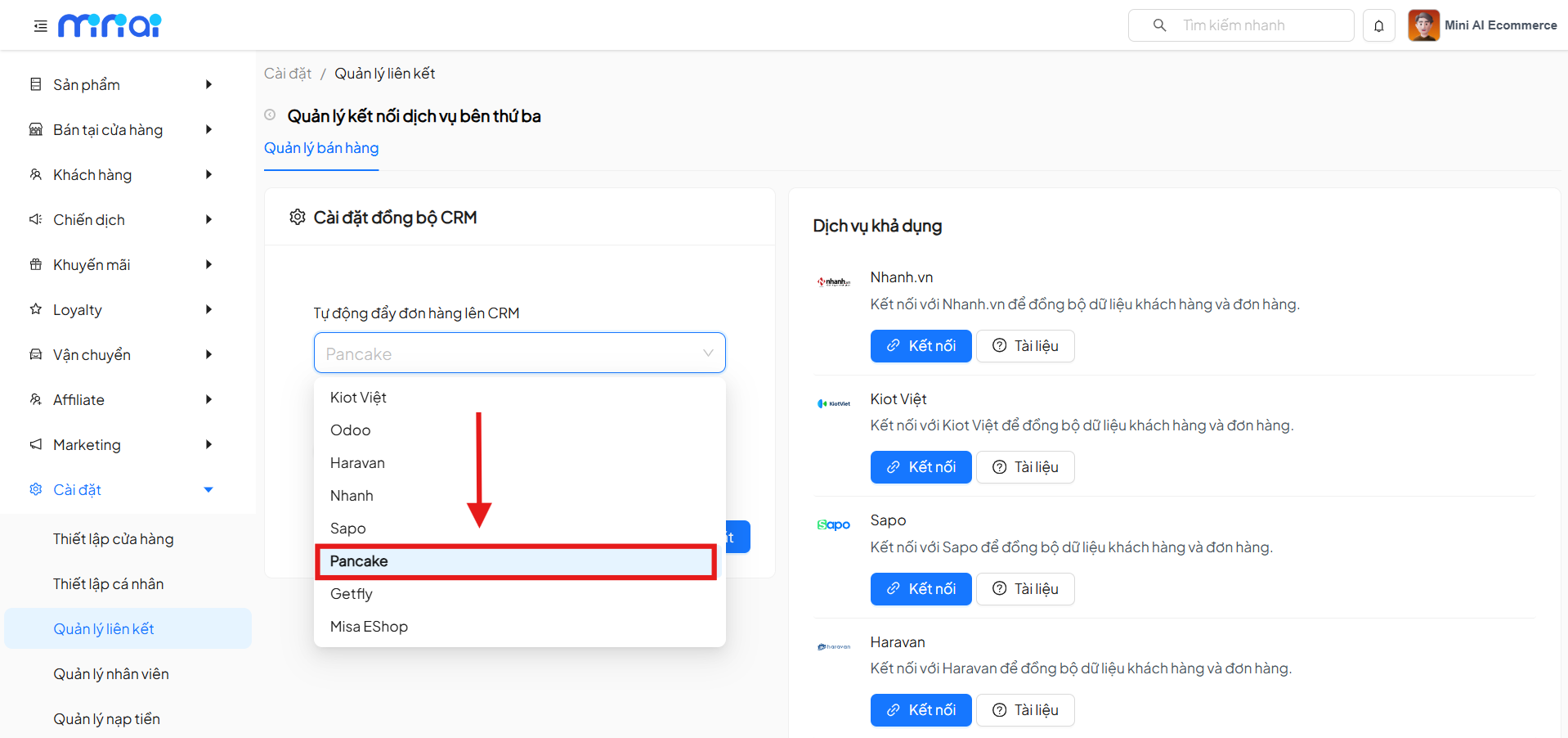 Select Pancake POS Integration Channel