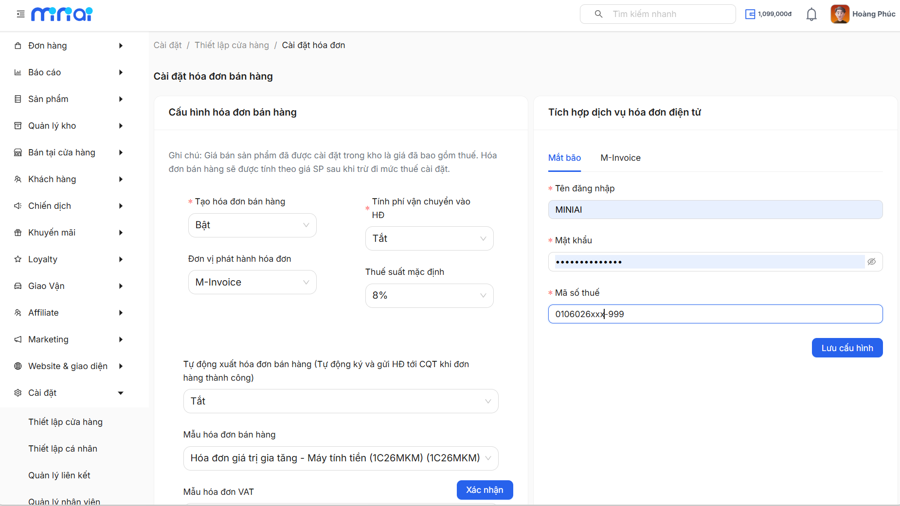 Form kết nối Mắt Bão Invoice gồm tên đăng nhập, mật khẩu và mã số thuế