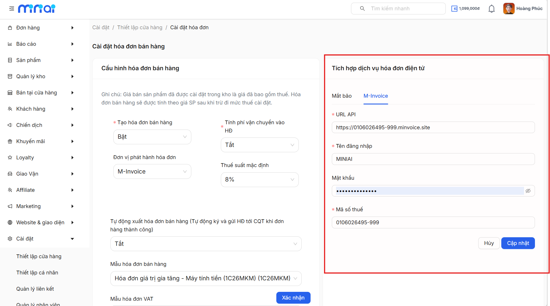 Form kết nối M-Invoice gồm URL API, tên đăng nhập, mật khẩu và mã số thuế
