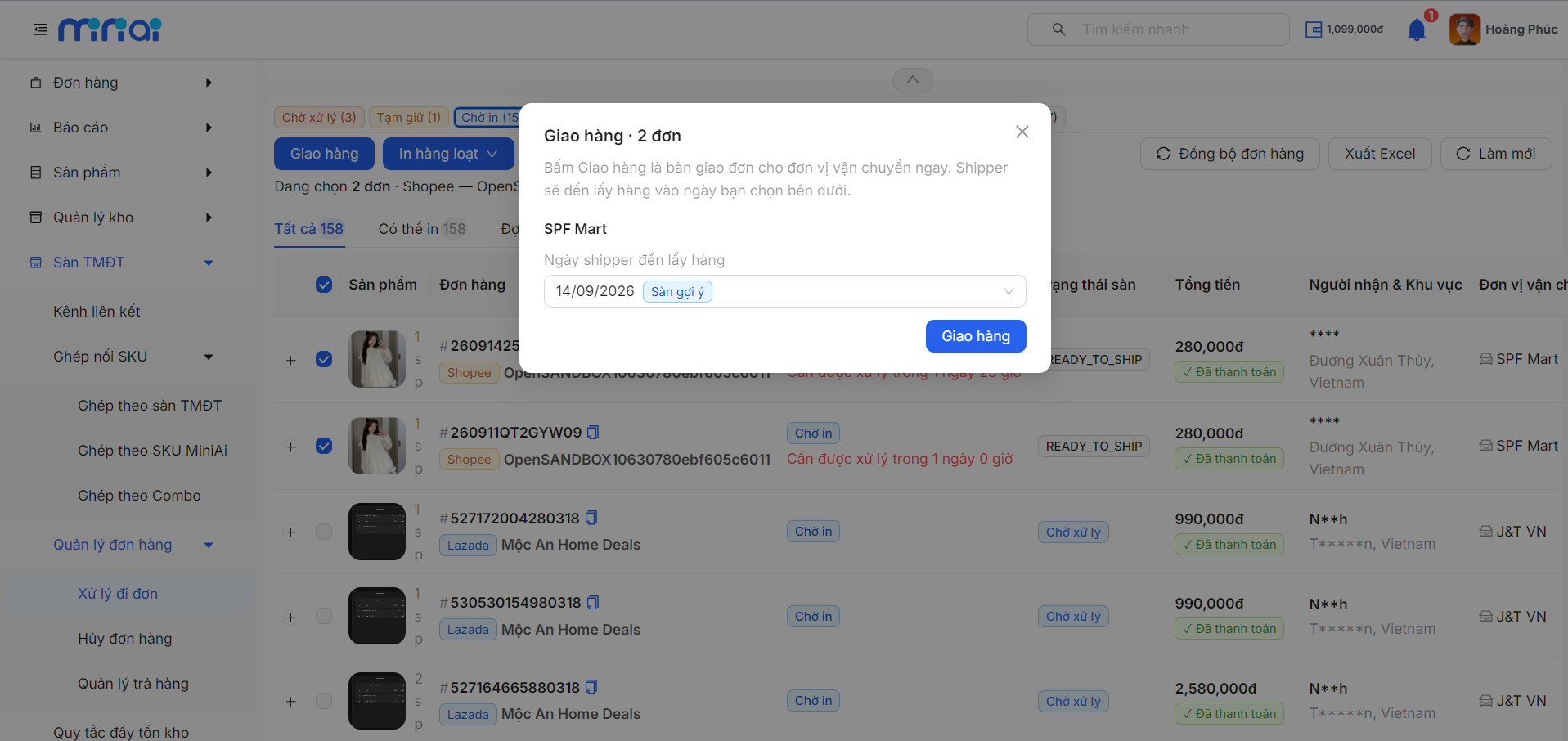 Hộp thoại Giao hàng của Shopee đang chọn ngày shipper đến lấy hàng