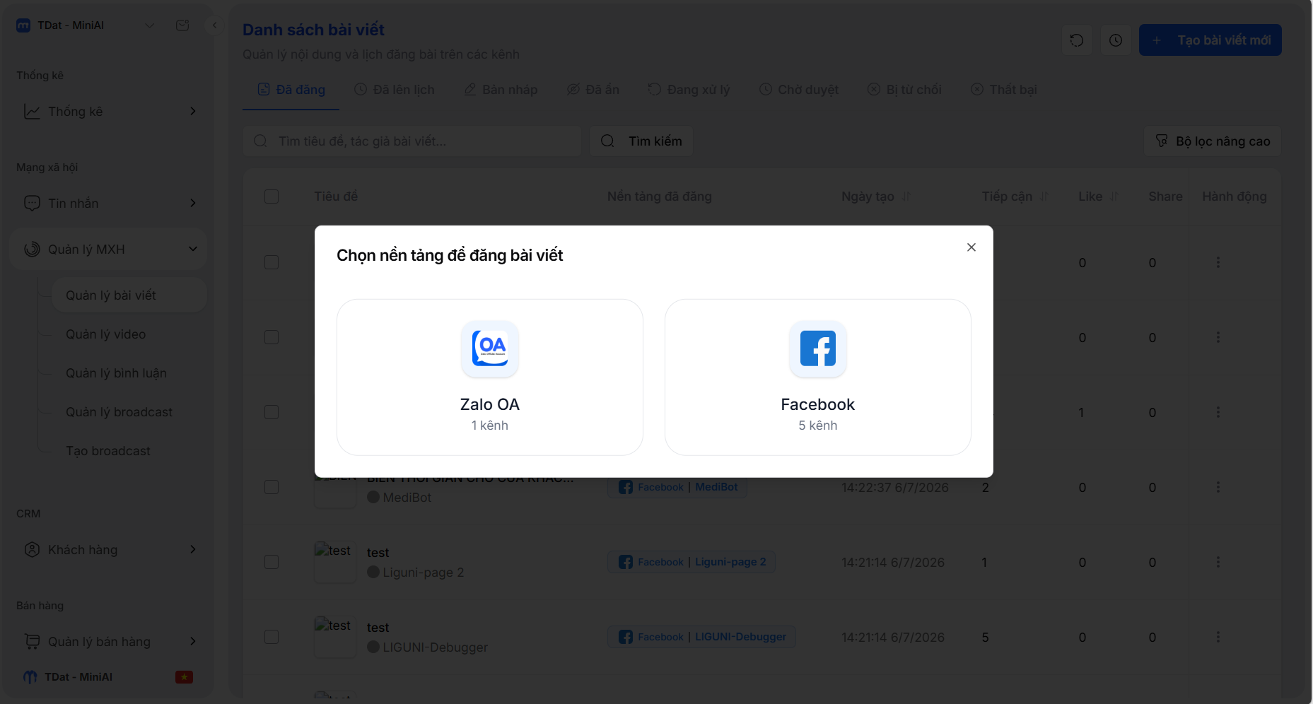 Hộp thoại chọn nền tảng Zalo OA hoặc Facebook để đăng bài
