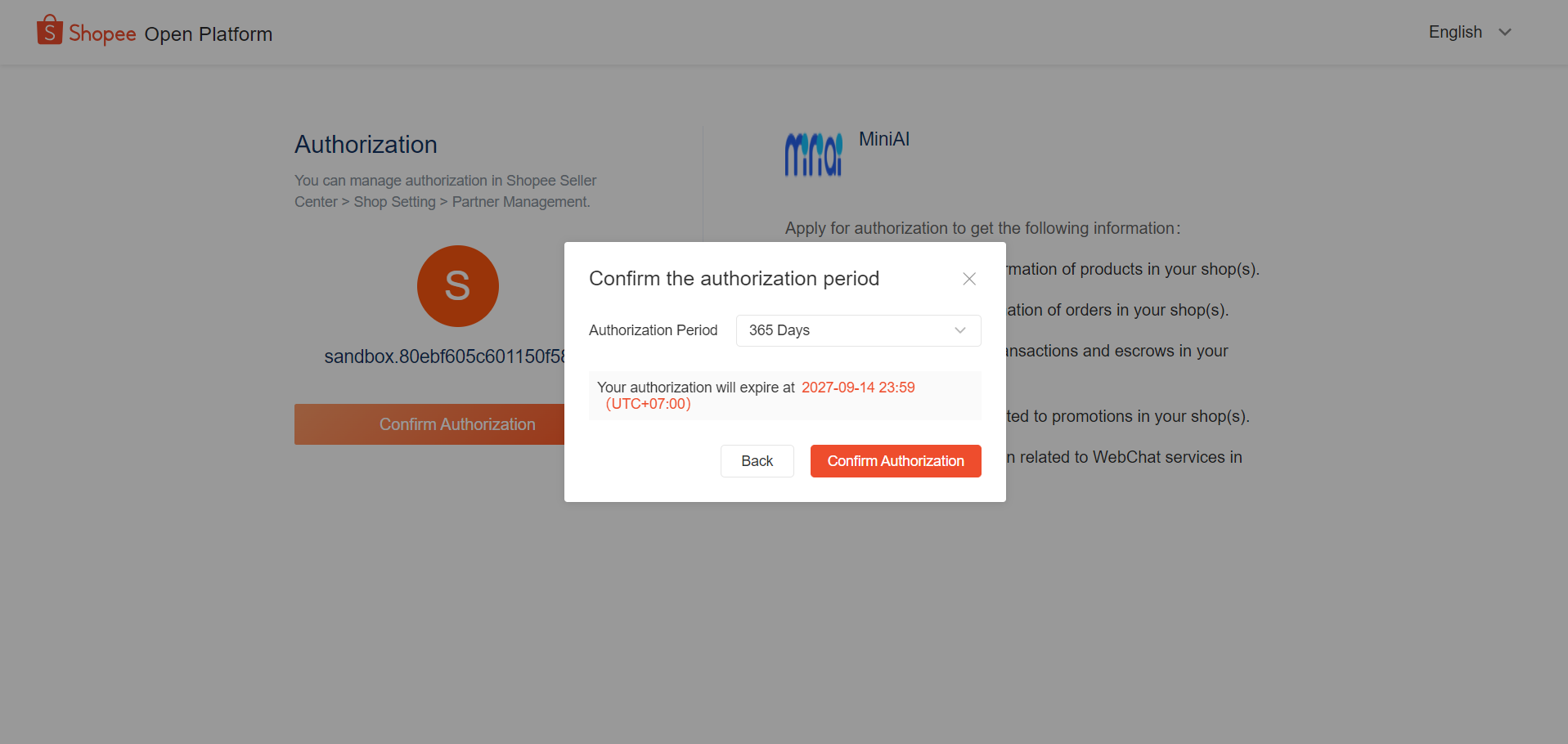 Hộp thoại Confirm the authorization period của Shopee với ô Authorization Period và ngày h