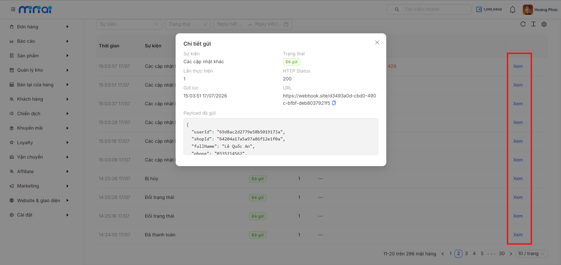 Webhook delivery detail window showing the JSON payload