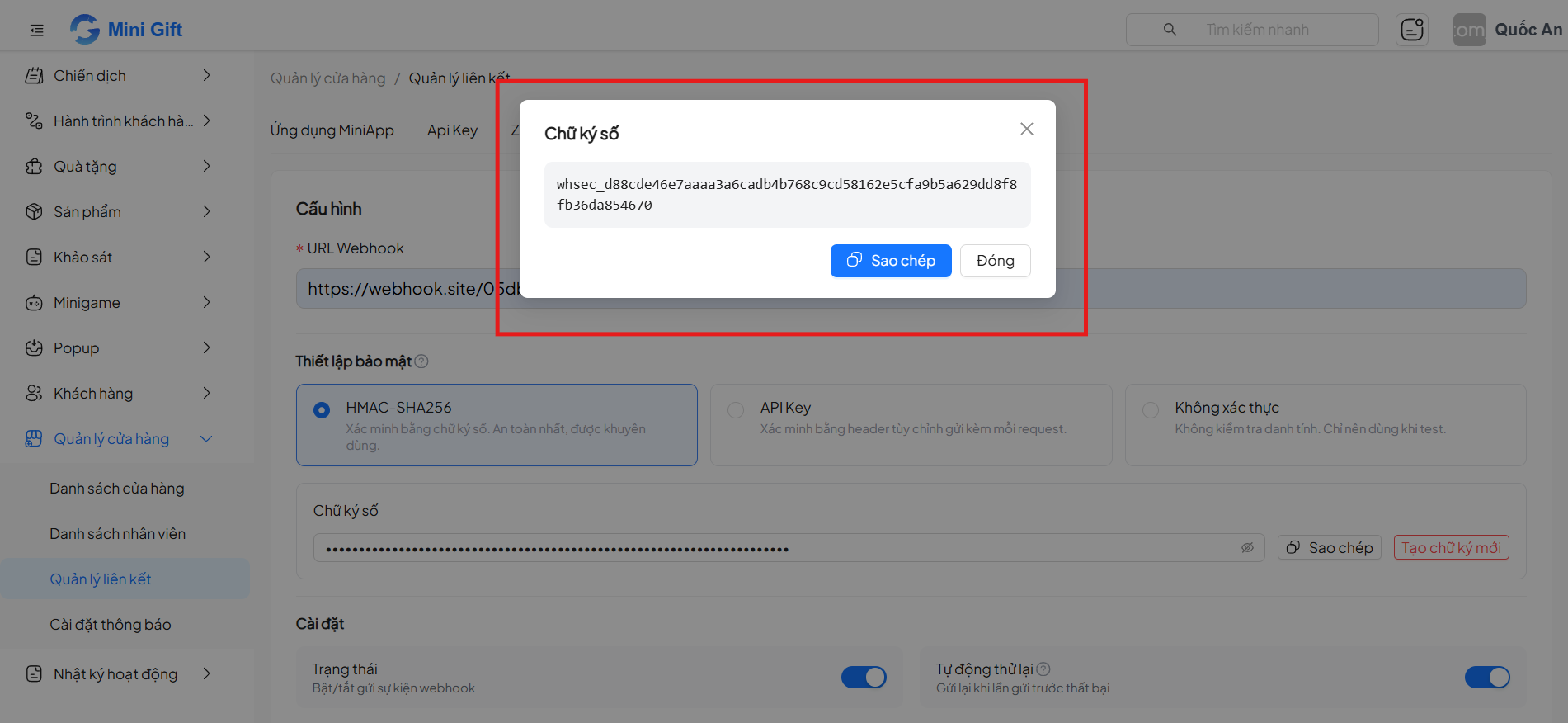 Webhook secret hiển thị lần đầu sau khi tạo thành công